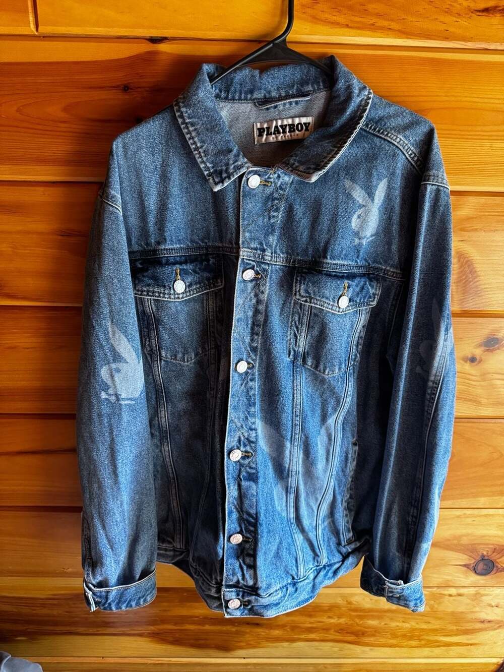 Playboy by PacSun Blue Denim Trucker Jacket All Over Logo Print Size Large